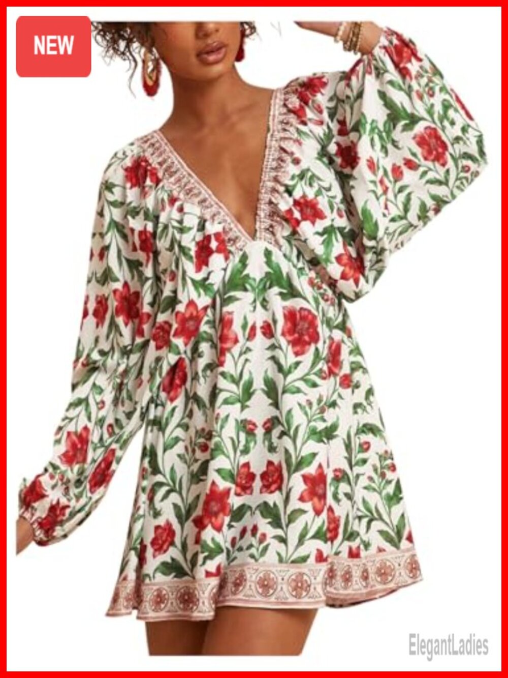 Boho Floral V Neck Mini Dress Bishop Long Sleeve Tropical Casual